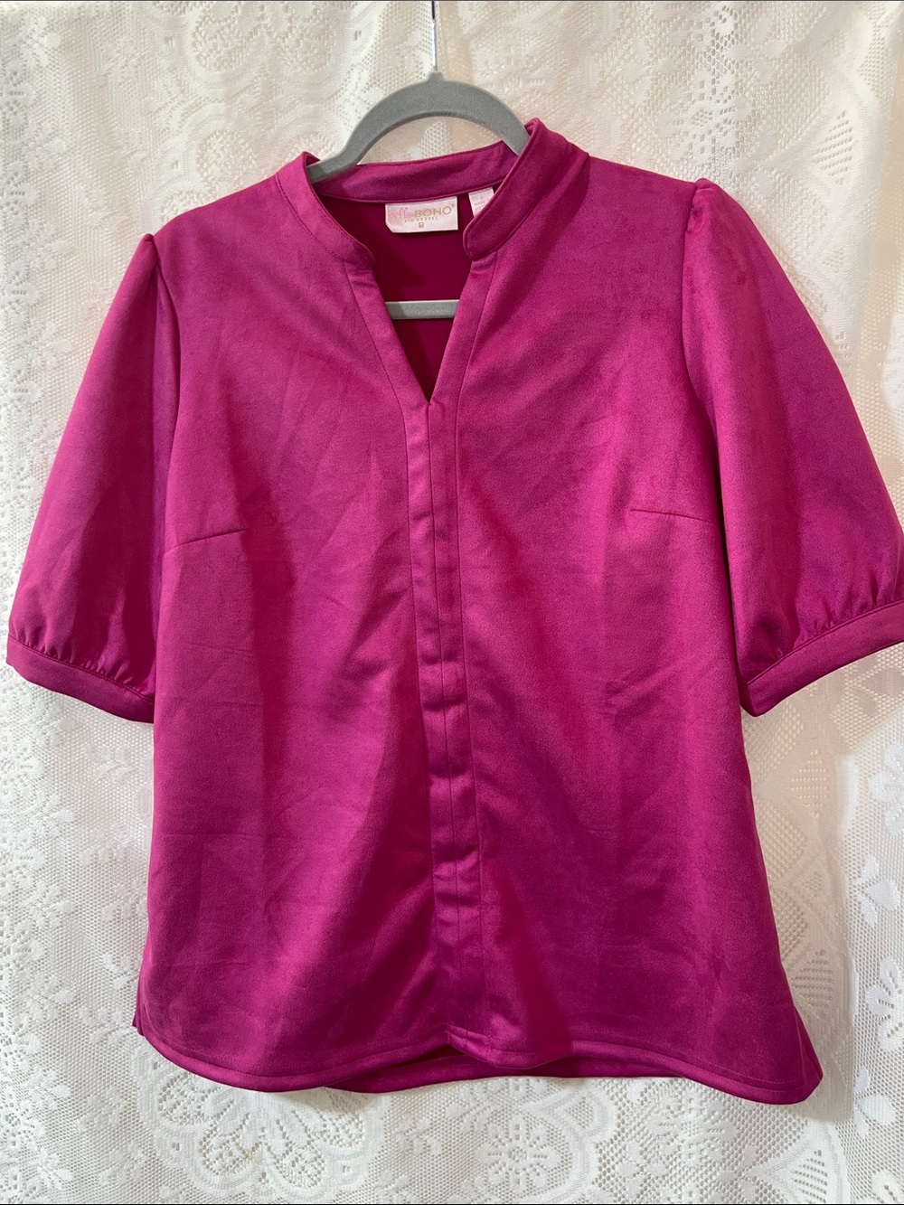 Kim Gravel belle boho PreSuede Sangria Split-Neck Puff Sleeve Blouse NIB S